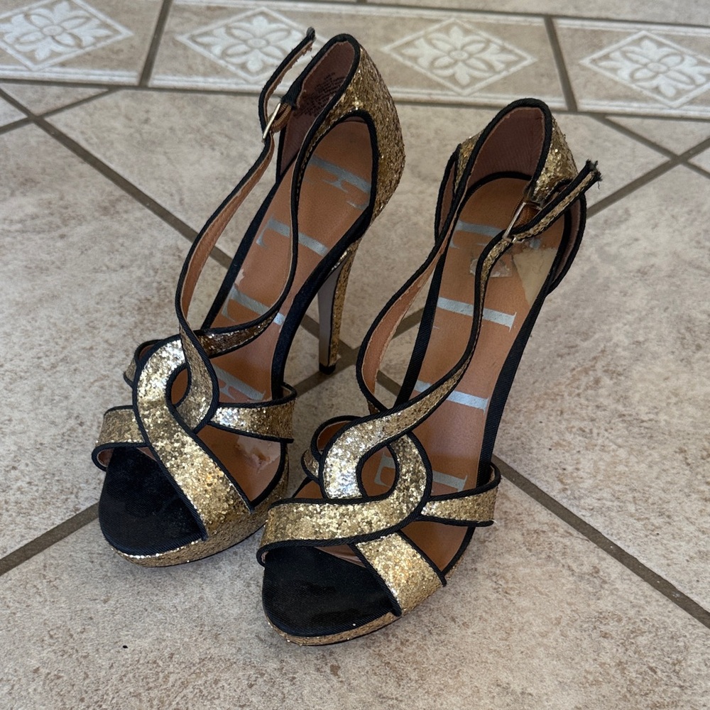 Elle Gold and Black Strappy Heels